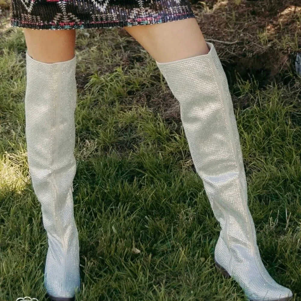 Cowgirl Boots Western Ranch Rodeo 2” Heel Over The Knee Rhinestone New